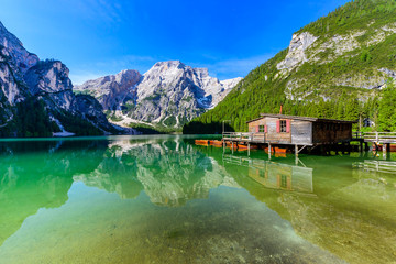 Lake Braies also known as Pragser Wildsee  in beautiful mountain landscape. Relaxing and recreation at Lago di Braies in Dolomites, South Tyrol, Italy, Europe.
