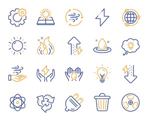 Energy line icons. Solar panels, wind energy and electric thunder bolt. Fire flame, hazard, green ecology icons. Electric plug, thunderbolt, recycling trash can. Solar power. Vector