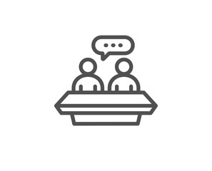 Employees talk line icon. Collaboration sign. Development partners symbol. Quality design element. Linear style employees talk icon. Editable stroke. Vector