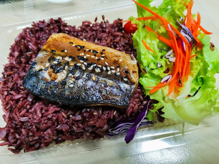 Grilled saba fish with teriyaki sauce on Riceberry, Clean food for health, Japanese food style.