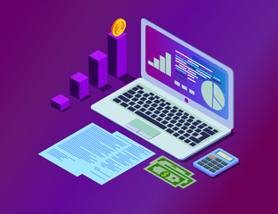 Concept business strategy. Analysis data and Investment. Business success.Financial review with laptop and infographic elements. 3d isometric flat design. Vector illustration.
