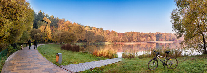 Moscow. October 15, 2018. Autumn landscape in the Meshchersky Park. People are walking their dogs...