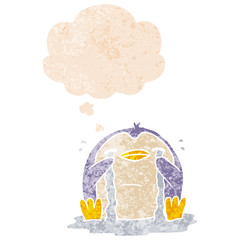 cartoon crying penguin and thought bubble in retro textured style