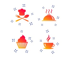 Food and drink icons. Muffin cupcake symbol. Fork and spoon with Chef hat sign. Hot coffee cup. Food platter serving. Random dynamic shapes. Gradient food icon. Vector