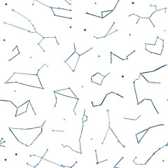 Seamless pattern. Hand painted watercolor star constellations. Starlight Night.