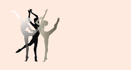 Silhouettes of young graceful ballet dancers or classic ballerinas on pink background. Woman's beautiful dance. The grace, artist, contemporary, movement concept. Abstract design. Creative collage. - obrazy, fototapety, plakaty