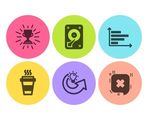 Takeaway, Horizontal chart and Share idea icons simple set. Hdd, Trophy and Reject signs. Takeout coffee, Presentation graph. Business set. Flat takeaway icon. Circle button. Vector