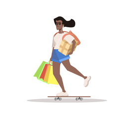 Girl with bags on skateboard flat vector illustration. Female teenager isolated cartoon character on white background. Shopaholic after shopping drawing. Purchases, gift box, paper bags, presents