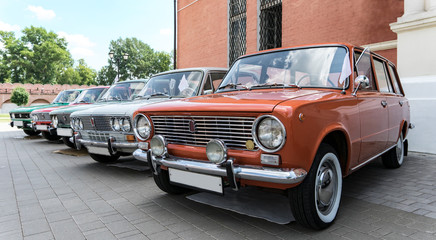 Exhibition of retro cars in Tula. Model range of Soviet cars. Old school.