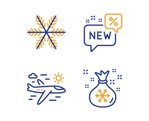 Snowflake, New and Airplane travel icons simple set. Santa sack sign. Air conditioning, Discount, Trip flight. Gifts bag. Holidays set. Linear snowflake icon. Colorful design set. Vector