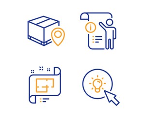 Architectural plan, Manual doc and Parcel tracking icons simple set. Energy sign. Technical project, Project info, Package location pin. Turn on the light. Industrial set. Vector