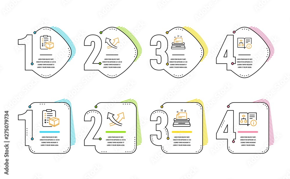 Poster typewriter, parcel checklist and intersection arrows icons simple set. technical algorithm sign. ins