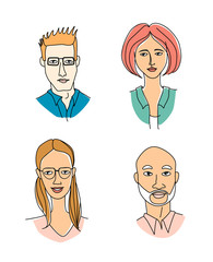 Caucasian women's men's head portraits. Mono-ethnic team gruop crowd community.