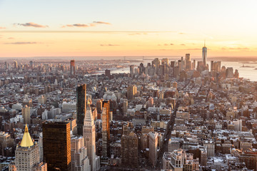 View from observation deck on Empire State Building at sunset - Lower Manhatten Downtown, New York City, USA