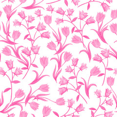 Seamless floral pattern. Pink color flower silhouettes randomly located on white background.