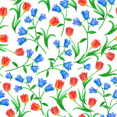 Materiał do szycia Beautiful seamless floral pattern. Blue bells and red tulips randomly located on white background.
