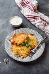 Fried cakes of grated potatoes on the plate with sauce. Traditional pancakes boxty raggmunk