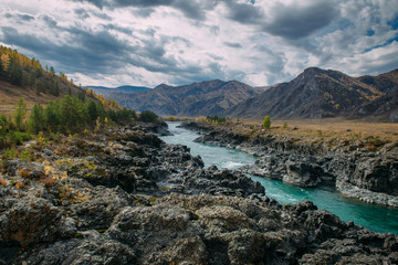 Fototapeta na wymiar Turquoise Katun river in gorge is surrounded by high mountains under majestic autumn sky. A stormy mountain stream runs among rocks - landscape of the Altai mountains, beautiful places of the planet.