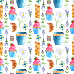 Watercolor seamless pattern in retro style with tea elements. Bright vintage background with cups, cupcake, candies and croissants in redand blue colors on a white backdrop