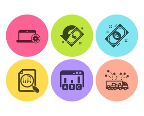 Search file, Euro money and Survey results icons simple set. Cashback, Notebook service and Truck delivery signs. Find document, Cash. Business set. Flat search file icon. Circle button. Vector