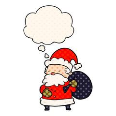 cartoon santa claus and thought bubble in comic book style