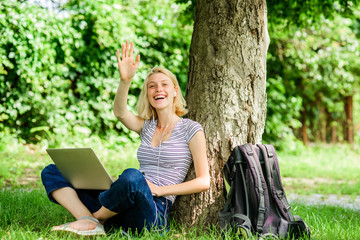 hello summer. Blogger becoming inspired by nature. woman has business online. Web communication. summer online. Blogger create content for social network. writer with notebook. girl with laptop