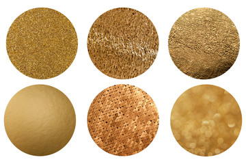 Set of golden texture. Circles backgrounds isolated on white.