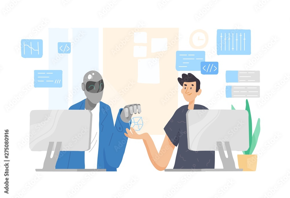 Wall mural robot and man sitting at computers and working together at office. cooperation, support and friendsh