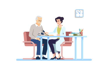 Doctor checking blood pressure flat vector illustration. Old patient, physician isolated cartoon characters on white background.Geriatrician medical check, pensioner healthcare. Cardiologist at work