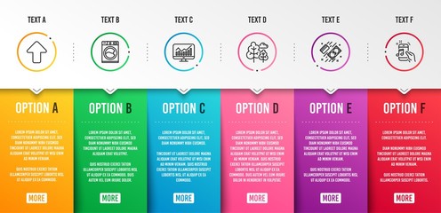 Upload, Washing machine and Tree icons simple set. Payment, Statistics and Music phone signs. Load arrowhead, Laundry service. Infographic template. 6 steps timeline. Business options. Vector