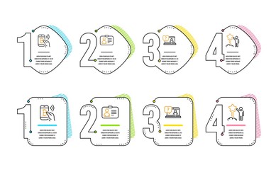 Faq, Bitcoin pay and Id card icons simple set. Star sign. Web support, Mobile payment, Human document. Launch rating. People set. Infographic timeline. Line faq icon. 4 options or steps. Vector