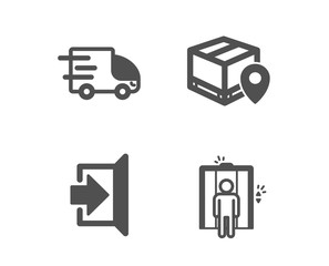 Set of Parcel tracking, Exit and Truck delivery icons. Elevator sign. Package location pin, Escape, Express service. Lift.  Classic design parcel tracking icon. Flat design. Vector