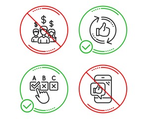 Do or Stop. Salary employees, Refresh like and Correct checkbox icons simple set. Mobile like sign. People earnings, Thumbs up counter, Answer. Phone thumbs up. People set. Vector
