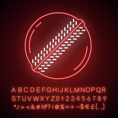 Cricket ball neon light icon. Professional sport equipment. Ball with prominent sew. Team game accessory. Sporting gear. Glowing sign with alphabet, numbers and symbols. Vector isolated illustration