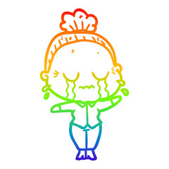 rainbow gradient line drawing cartoon crying old lady