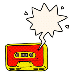 cartoon old tape cassette and speech bubble in comic book style