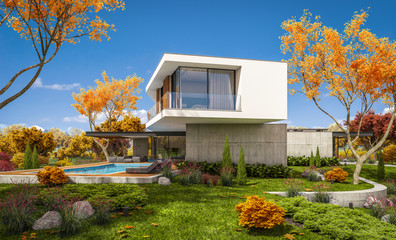 3d rendering of modern cozy house on the hill with garage and pool for sale or rent with beautiful landscaping on background. Clear sunny autumn day with golden leafs anywhere