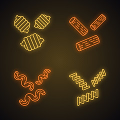 Pasta noodles neon light icons set