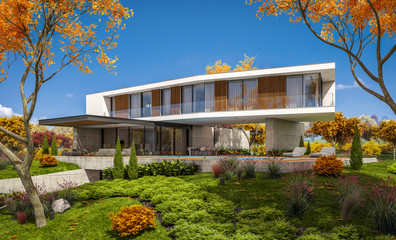 Fototapeta na wymiar 3d rendering of modern cozy house on the hill with garage and pool for sale or rent with beautiful landscaping on background. Clear sunny autumn day with golden leafs anywhere