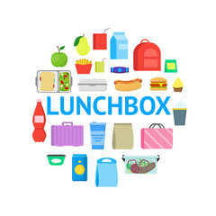 Cartoon Color School Lunch Food Boxes Round Design Template Ad. Vector