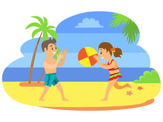 Obraz na płótnie Canvas Kids in trunks and swimsuit, summertime and holidays on seaside isolated characters. Beach game, boy and girl throwing ball, children in swimwear vector
