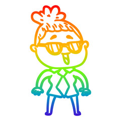 rainbow gradient line drawing cartoon happy woman wearing spectacles