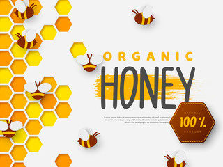 Paper cut style bee with honeycomb. Typographic design for beekeeping and honey product. Vector illustration.
