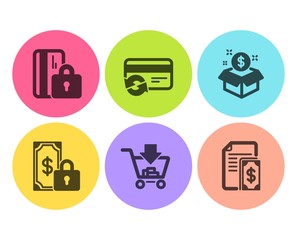 Change card, Private payment and Shopping icons simple set. Blocked card, Post package and Payment signs. Secure finance, Add to cart. Finance set. Flat change card icon. Circle button. Vector