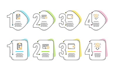 Facts, Checklist and Money wallet icons simple set. Discount sign. Important information, Graph report, Payment method. Sale shopping. Infographic timeline. Line facts icon. 4 options or steps. Vector
