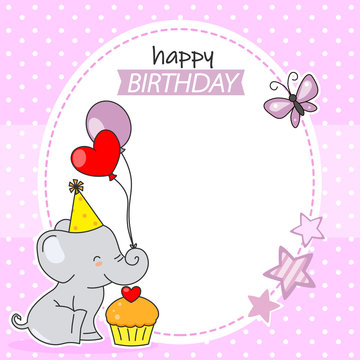 happy birthday card. Cute elephant with balloons and a cupcake. Space for text or photo