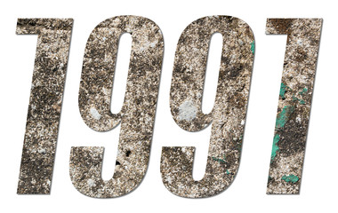 Year 1991 with old concrete wall on white background