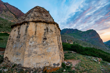 View of medieval tomb in City of Dead near Eltyulbyu, Kabardino-Balkaria, Russia