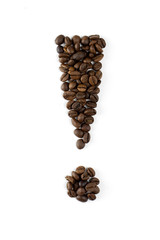 Roasted coffee beans in the shape of an exclamation mark isolated on a white background.