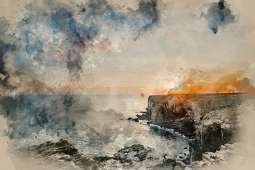 Fototapeta na wymiar Digital watercolor painting of Stunning vibrant landscape image of cliffs around St Govan's Head on Pembrokeshire Coast in Wales